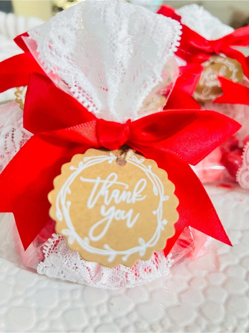 Premium Red Ribbon Thank You Favor Bag with Lace